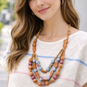 Boho Clay and Wood Bead Statement Necklace | Multi-Strand Earth Tones